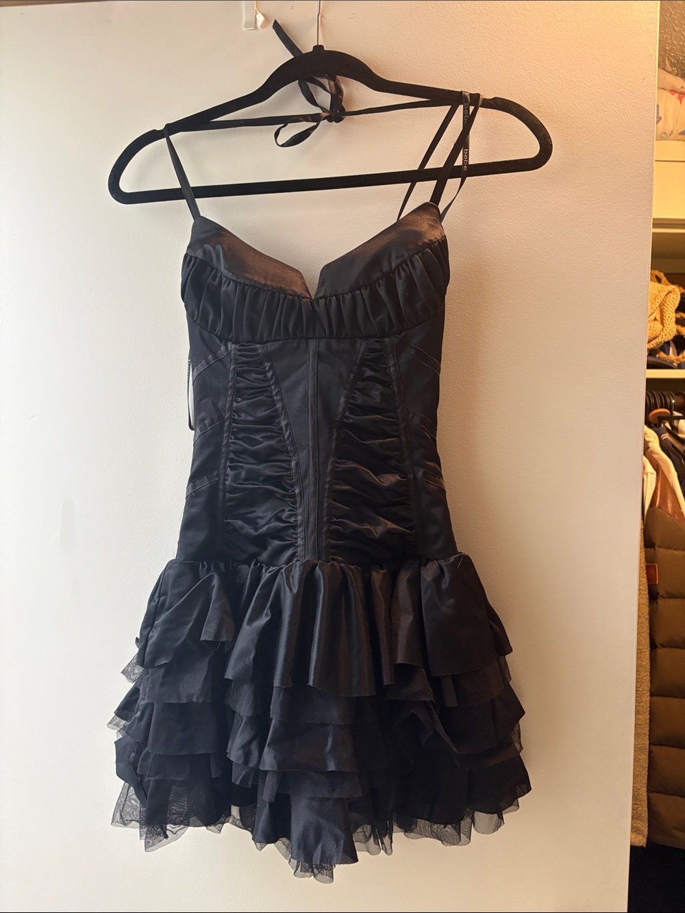 bebe Black Ruffled Mini Dress with Spaghetti Straps vintage fairycore gothic